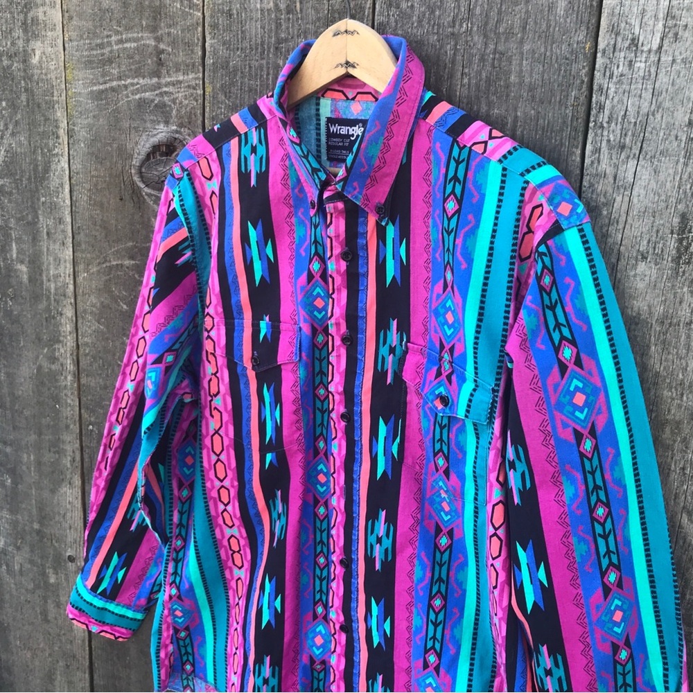 Vintage 90s Wrangler Southwest Aztec Navajo Print Cowboy Rodeo Shirt 16 1/2 - 34 - Picture 2 of 6